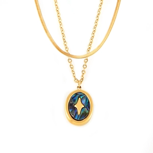 Double-layered 18k gold plated necklace featuring an oval abalone shell and star pendant