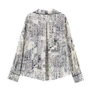 Off-white shirt for women with black city sketch print and purple shadows on clean background
