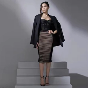 Striped velvet mesh dress with heart neckline and black blazer for party styling
