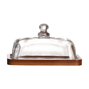 Rectangular acacia wood butter dish with a transparent glass dome lid and round handle