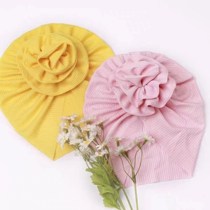 Newborn baby ice silk stripe turban hats in yellow and pink with large 3D flowers