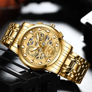 Men's luxury gold skeleton mechanical watch with stainless steel strap and chronographs