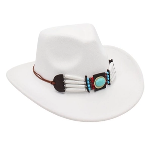 Detailed view of white felt western cowboy hat with ethnic beaded turquoise hatband