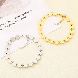 Minimalist gold and silver circular disc chain bracelets with adjustable lobster clasp
