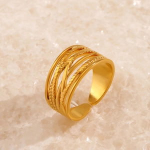 Multi Layer Woven Texture Ring 18K Gold Plated Stainless Steel Open Adjustable Geometric Line Jewelry For Women