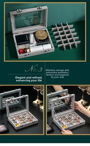 Detailed view of gray velvet jewelry box with glass lid and removable dividers for cosmetics