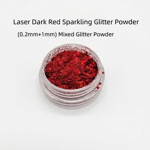 Macro shot of 0.2mm and 1mm mixed red laser nail glitter powder in a clear jar
