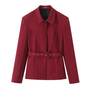 Women Elegant Acrylic Blazer Jacket Belted Solid Color Lapel Long Sleeve Office Business Commuter Slim Fit Outwear