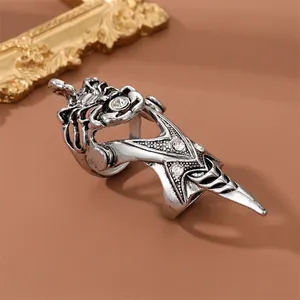 Vintage punk silver joint ring with articulated eagle cobra design and zircon accents