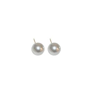 Minimalist spherical grey pearl stud earrings with sterling silver needles on white background