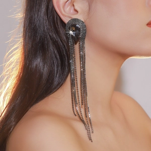 Sparkling long black crystal tassel drop earrings for women party evening dress jewelry