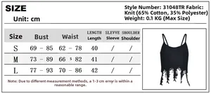 Size chart for knit fringe camisole top with detailed bust and waist measurements in cm