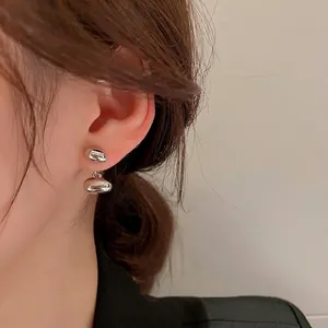 Minimalist silver bead drop earrings featuring a high-polish mirror finish for women