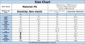 Detailed size chart for retro PU bomber jacket showing XS to L measurements in centimeters