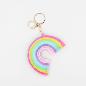 Detailed view of colorful PU leather rainbow keychain with gold metal lobster clasp and ring