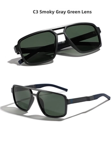 Detail view of square TR90 polarized sunglasses with double bridge and smoke grey lenses