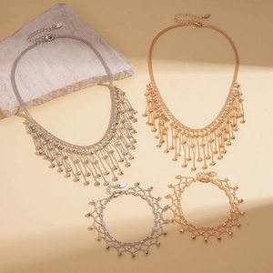 Minimalist fringe tassel necklace and bracelet set in gold and silver metal finishes