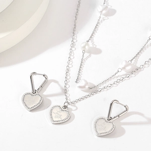 Silver double layer pearl necklace and heart earrings set with Love You engraving