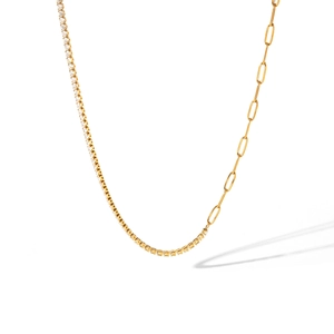 Close-up of gold paperclip chain and sparkling zircon tennis necklace with premium plating