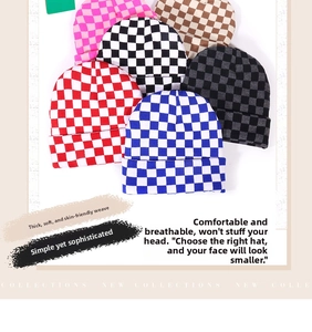 Detail view of checkerboard knit beanies in various colors with thick woven textures