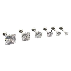 Set of 6 square zircon screw back stud earrings in polished stainless steel