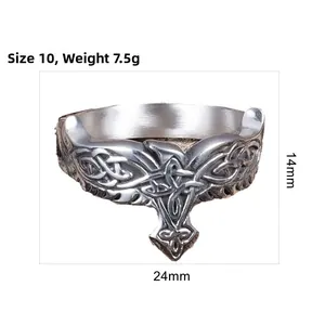 Detail view of vintage Viking eagle ring showing dimensions 14mm height and 7.5g weight