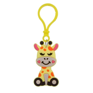 Close-up of cute yellow cartoon giraffe keychain with soft PVC texture and plastic hook