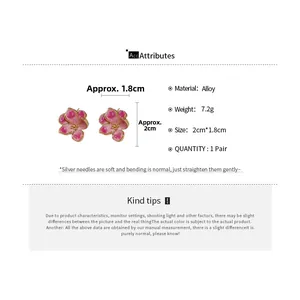 Detail view of pink enamel flower earrings with dimensions 2cm by 1.8cm on white background