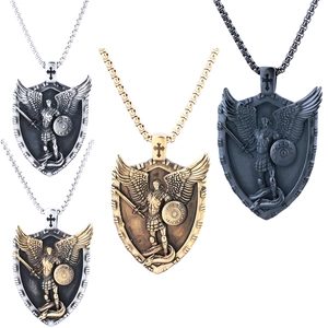 Hip hop Saint Michael shield pendants in silver, gold, and black stainless steel options