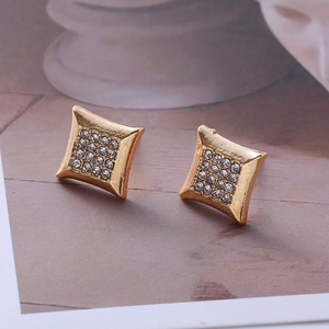 Close-up of gold-plated square stud earrings featuring a micro-paved crystal center design
