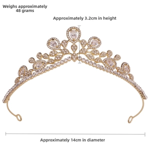 Detail showing bridal tiara dimensions: weight 48g, height 3.2cm, diameter 14cm with crystals
