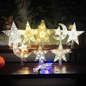 Lighted transparent star and moon tree toppers with warm white and colorful LED lights