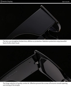 Detail view of thickened lenses and durable metal hinges on these stylish black sunglasses