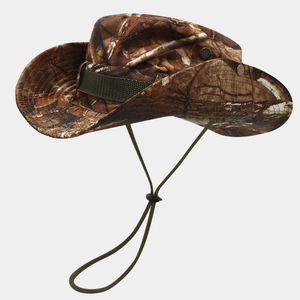 Detail of outdoor camouflage sun hat featuring metal vents and adjustable wind rope