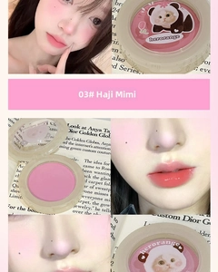 Detail of Herorange cat blush 03 soft pink shade with cute packaging and makeup application
