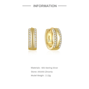 Detail of 925 sterling silver hoop earrings with double-row zirconia and S925 hallmark