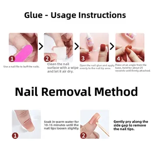 Step-by-step instructions for applying and removing press-on nails with glue and tools