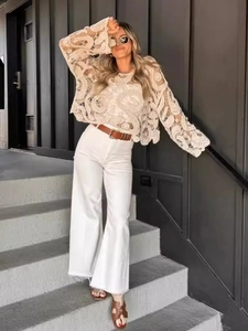 Bohemian hollow-out lace crochet top for women in apricot paired with white jeans