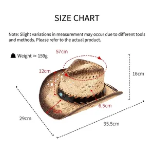 Western hollow-out straw cowboy hat for women with detailed measurements and size chart
