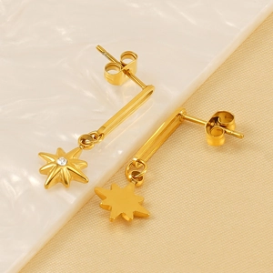 Elegant 18K gold plated long drop earrings featuring a polished North Star pendant design