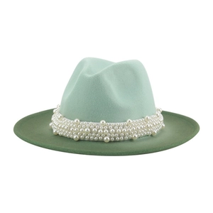 Green gradient wool fedora hat with elegant white pearl beads and wide brim style