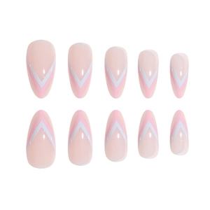 Pink V-shaped French almond press-on nails set with minimalist pink and white pattern