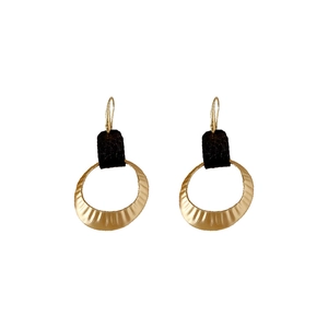 Minimalist gold textured round earrings with black leather accents for a stylish look