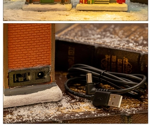 Macro detail of Christmas resin house DC 5V power port with USB cable and ON OFF switch
