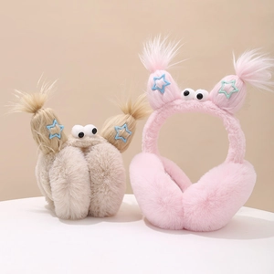 Funny plush monster earmuffs with braids and star clips in pink and beige colors