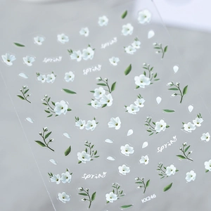 Autocollants Ongles Ultra Mince Auto Adhésif Fleur Blanche Feuille Verte Printemps Relief Pour Femmes DIY