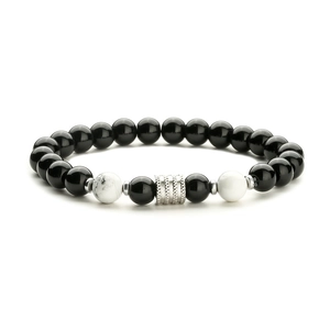 Men's beaded bracelet featuring black obsidian, tiger eye stones and a silver metal spacer