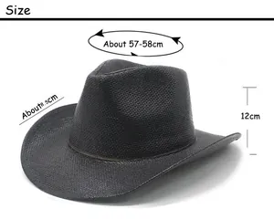 Detailed size chart for black straw cowboy hat showing 8.5cm brim and 58cm circumference