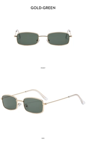 Front and side views of vintage metal square sunglasses with gold frames and green lenses