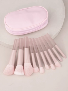Set di 10 pennelli per trucco rosa con manici satinati e custodia portatile coordinata